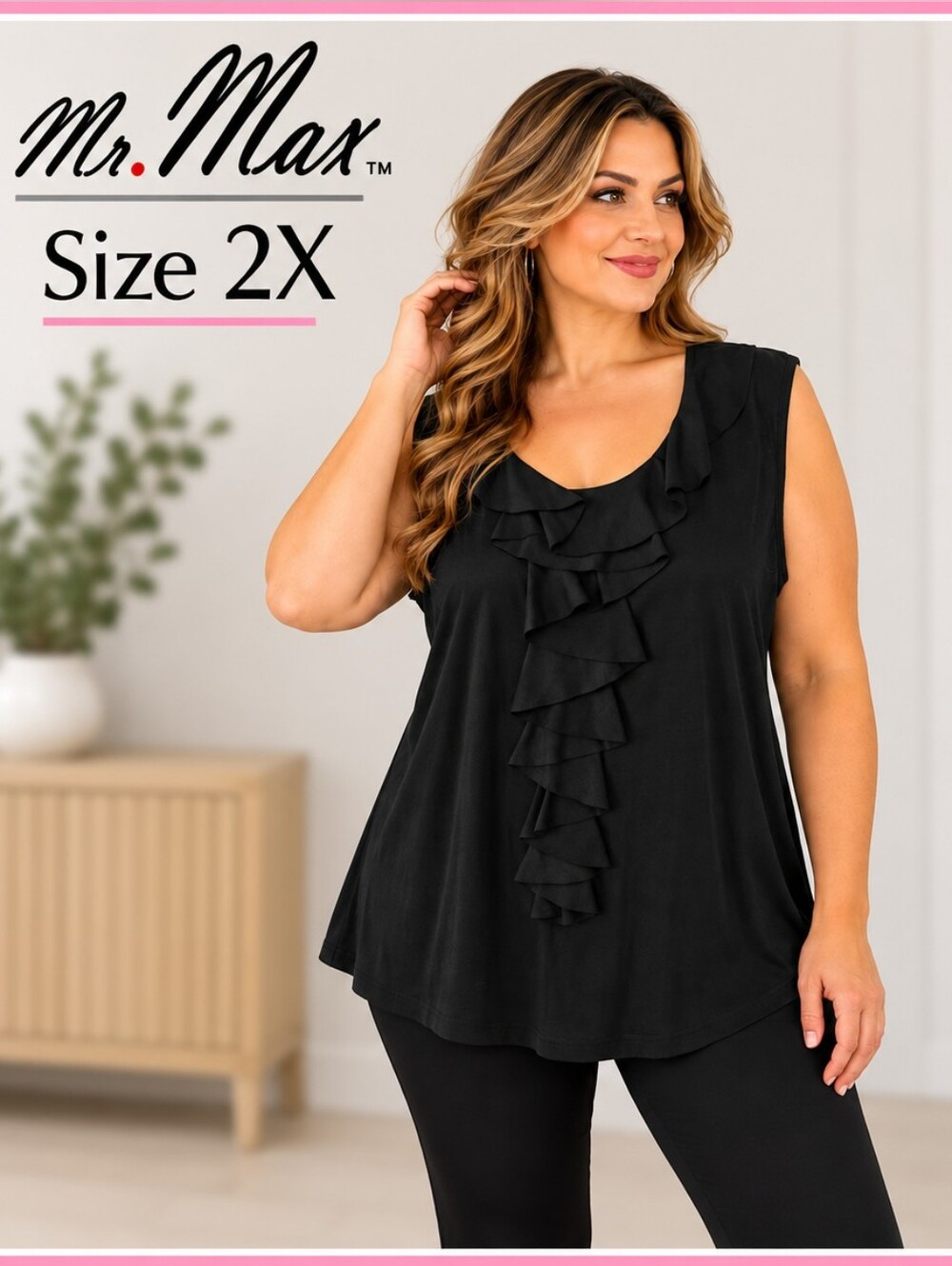 Mr. Max Size 2X Black Ruffle Front Sleeveless Top